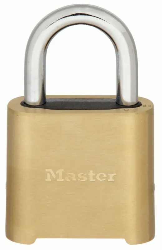 Master Lock 975DCOM Combination Padlock, Scrolling 4-Digit, Standard Shackle, Brass Body, 2 in x 2 in, Gold, Resettable
