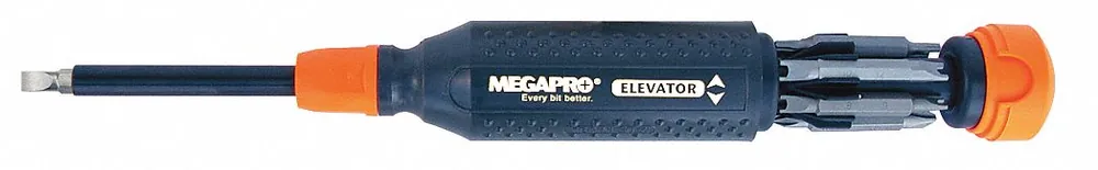 Megapro 151ELEV-CH/OR-B Multi-Bit Screwdriver, Phillips/Slotted/Spanner/Torx Tip, 14 Tips, 8-1/2 in, Quick-Change Ball Bearing