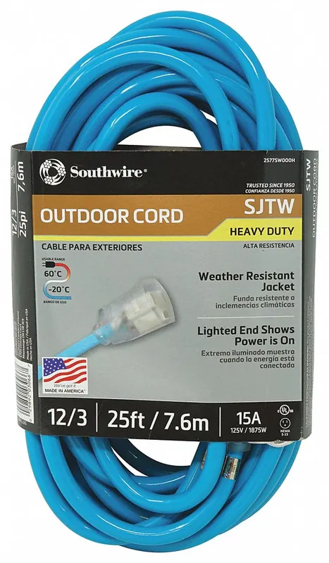 Southwire 2577SW000H SJTW Extension Cord, 12 AWG, 12/3, 25 ft, Outdoor, Blue, 5-15P/5-15R, 15A