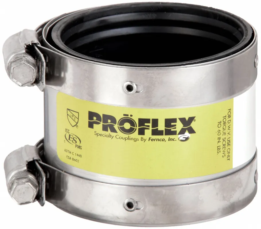 Fernco 3000-150 Shielded Flexible Pipe Coupling, 1-1/2 in, Neoprene, SS Shield + 2 Clamps, 4.3 psi