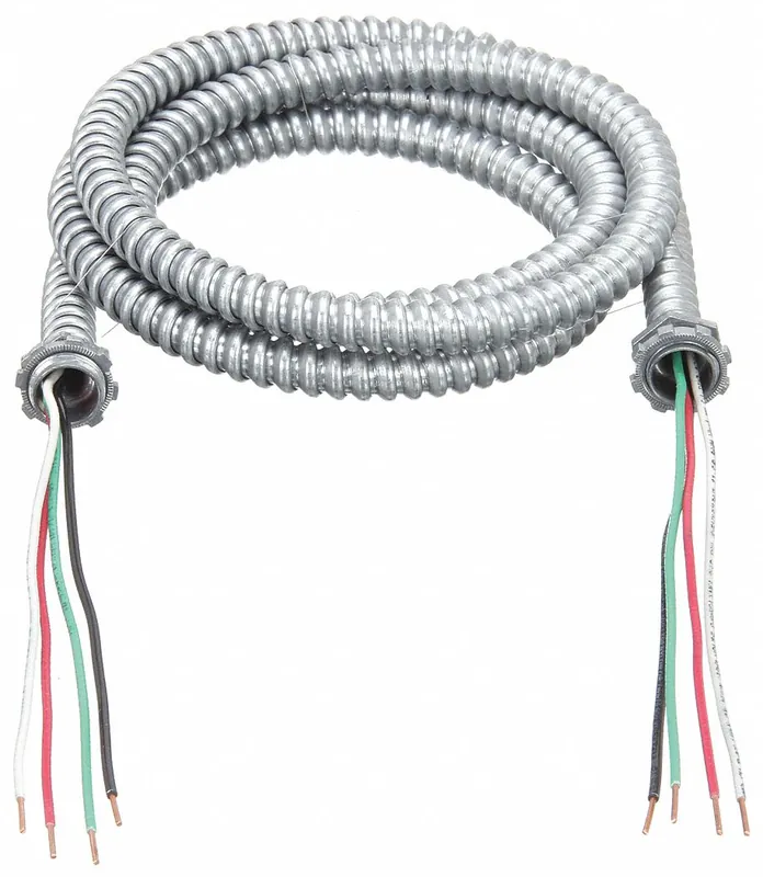 Southwire 55292501 Lite-Whip Metal Clad MC Cable, 14 AWG, 4 Conductors, Solid Copper, 6 ft, Galvanized Steel, 600V, THHN