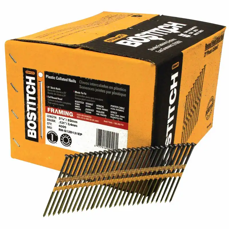 Bostitch RH-S12D131EP Collated Framing Nails, 3-1/4 in, 21 Degrees, Coated Flat Head, 4000 PK