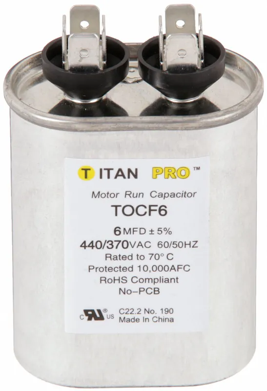 Titan Pro TOCF6 Motor Run Capacitor, Oval, 440/370V AC, 6 MFD, 60/50 Hz