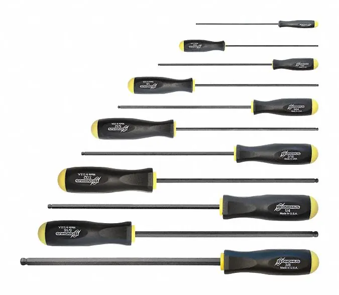 Bondhus 10737 Ball-End Screwdriver Set, 11 pcs, Long, SAE, Protanium High Torque Steel