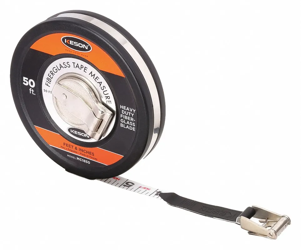 Keson MC-18-50 Long Tape Measure, 50 ft, 1/2 in Fiberglass Blade, Stainless Steel Closed Case, SAE 1/8 in Graduations