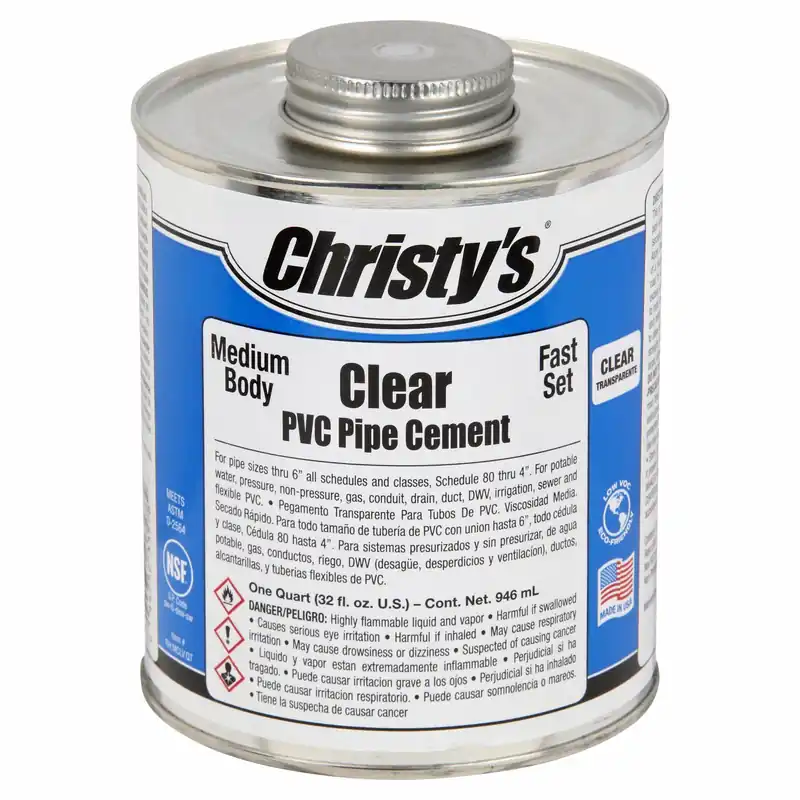 Christy‘s RH-MCLV-QT-12 PVC Pipe Cement, 32 fl oz Brush-Top, Clear, ASTM D-2564, NSF/ANSI 14/61