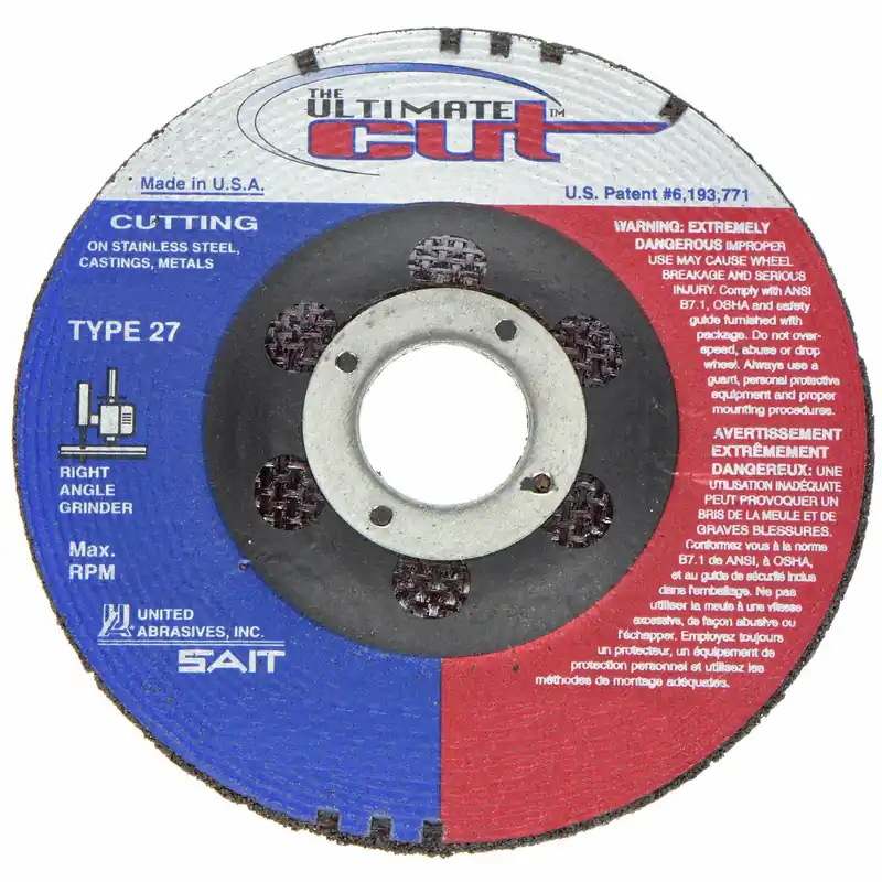 United Abrasives-SAIT 22380 Depressed Center Cut-Off Wheel, Type 27, 4-1/2 in x 0.045 in x 7/8 in, Aluminum Oxide, 60 Grit, The Ultimate Cut