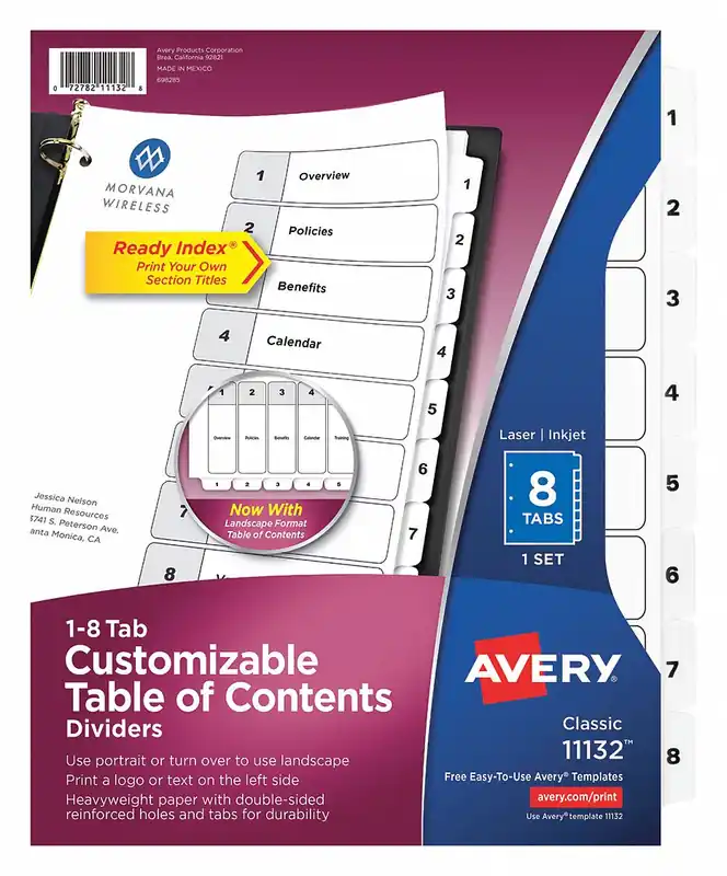 Avery Dennison 11132T Ready Index Tabs, 1-8 Table of Contents, Letter, White, PK8