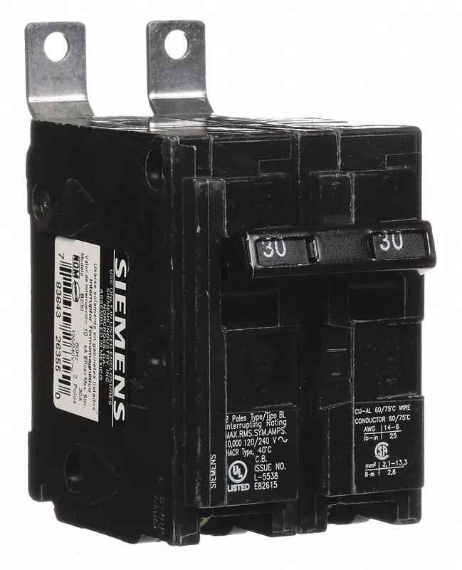 Siemens B230 Miniature Circuit Breaker, 30A, 120/240V AC, 2 Poles, 10kA, Bolt On
