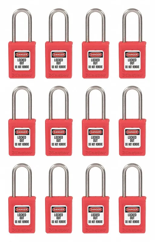 Master Lock S33KAS12RED Lockout Padlock, Keyed Alike, Thermoplastic, Compact Body, Stainless Steel Shackle, Red, 12 PK