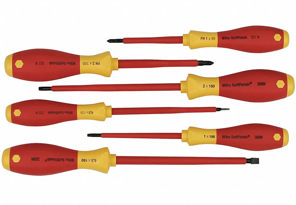 Wiha 35890 Insulated Screwdriver Set, 6 Pc, Phillips/Slotted/Square Tip, Ergonomic Grip