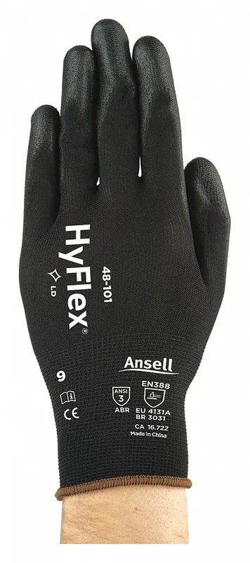 Ansell HyFlex 48-101 Coated Gloves, L (9), Polyurethane Palm, ANSI Abrasion Level 3, Black