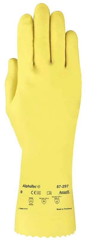 Ansell AlphaTec 87-297 Chemical-Resistant Gloves, Size 9, Natural Rubber Latex, 12 in, Yellow, PK12