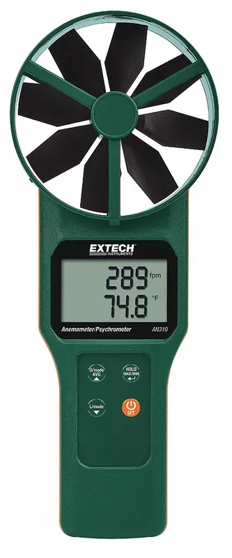 Extech AN310 Anemometer, Rotating Vane, 40 to 5900 fpm, Dew Point & Relative Humidity