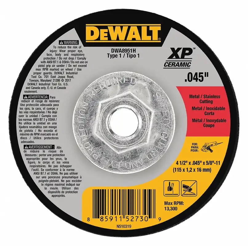 DEWALT DWA8951H Abrasive Cut-Off Wheel, Type 1, 4-1/2 in x 0.045 in x 5/8 in-11, Ceramic, 46 Grit