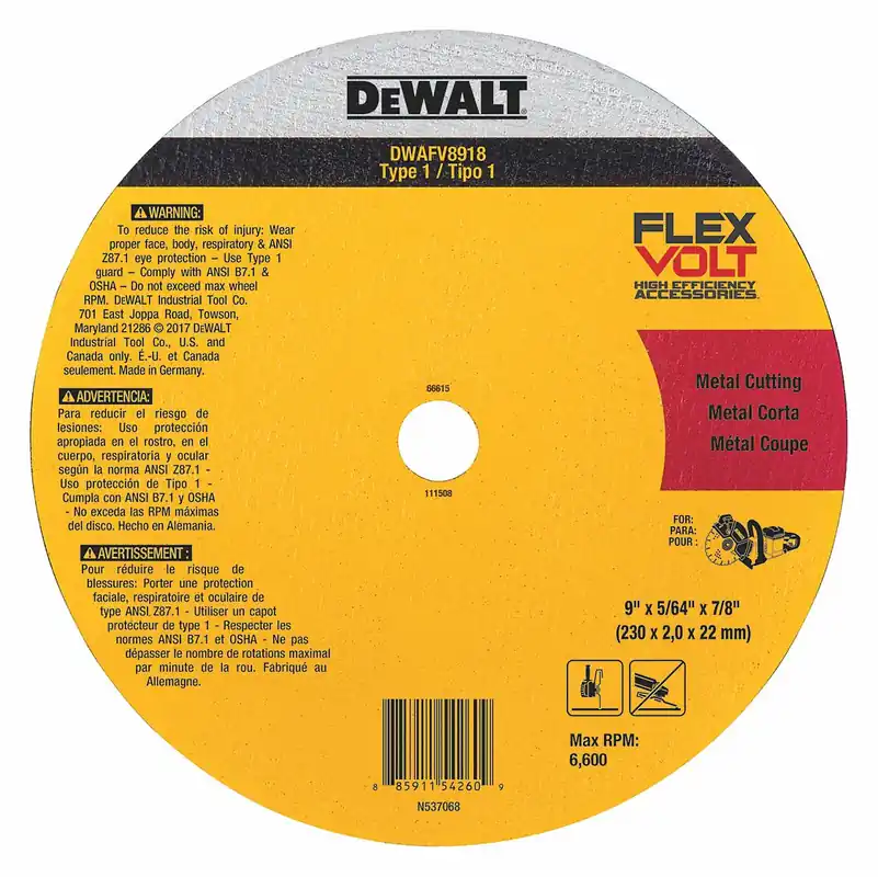 DeWalt DWAFV8918 Abrasive Cut-Off Wheel, Type 1, 9 in x 5/64 in x 7/8 in, Ceramic, 60 Grit