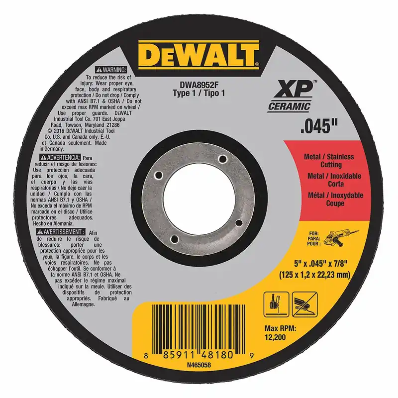 DeWalt DWA8952F Abrasive Cut-Off Wheel, Type 1, 5 in x 0.045 in x 7/8 in, Ceramic, 46 Grit