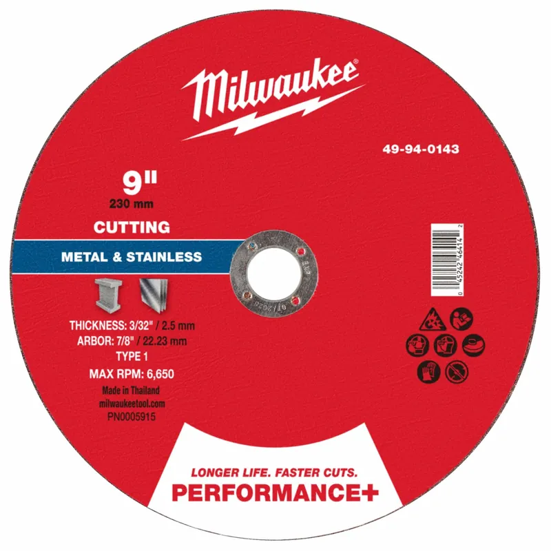 Milwaukee 49-94-0143 Cut-Off Wheel, Type 1, 9 in x 3/32 in x 7/8 in, Aluminum Oxide, 30 Grit