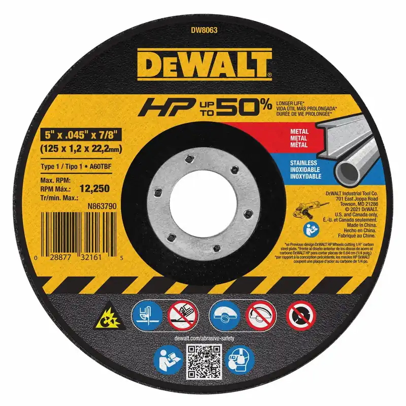 DeWalt DW8063 Abrasive Cut-Off Wheel, Type 1, 5 in x 0.045 in x 7/8 in, Aluminum Oxide, 60 Grit