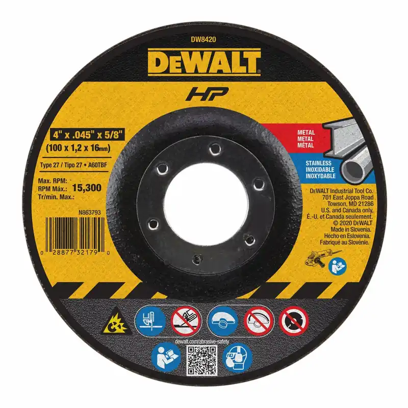 DeWalt DW8420 Depressed Center Cut-Off Wheel, Type 27, 4 in x 0.045 in x 5/8 in, Aluminum Oxide, 60 Grit