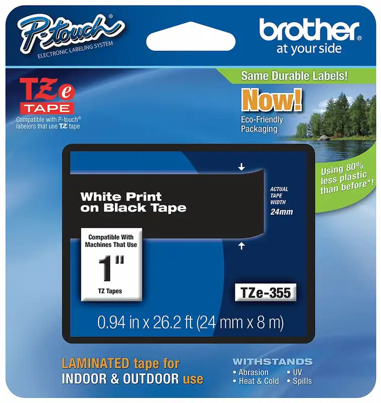 Brother TZE355G Label and Ribbon Cartridge, TZe Tape, 1 in x 26 1/4 ft, White on Black