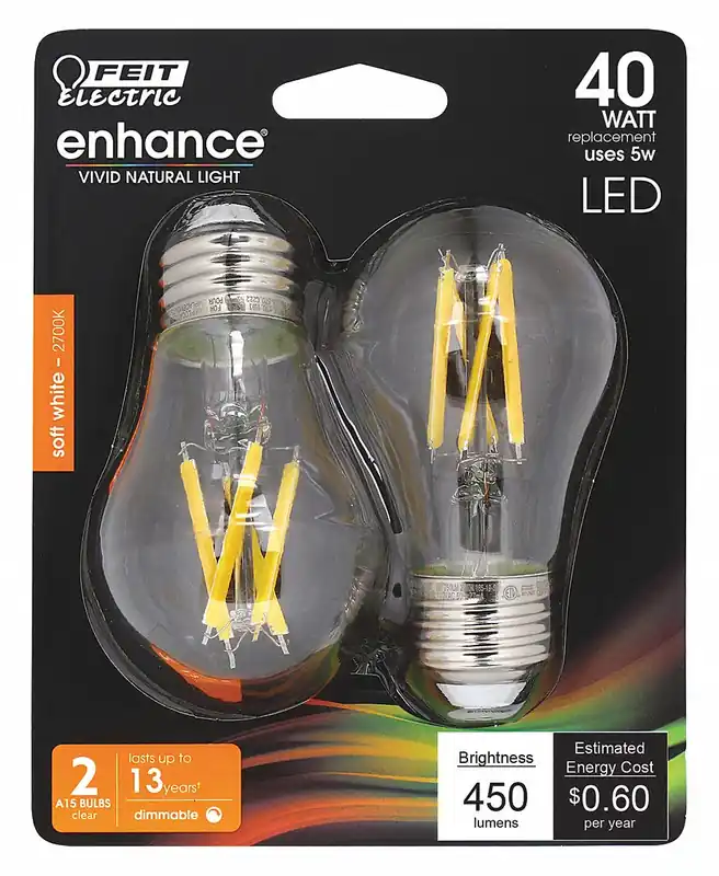 Feit Electric BPA1540927CAFIL/2/RP LED Bulb, A15, 5 W, 2700K, E26, Clear, 2 PK