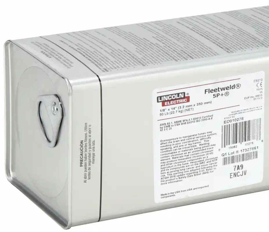 Lincoln Electric ED010278 Fleetweld 5P+ Stick Electrode, E6010, 1/8 x 14 in, 50 lb, Carbon Steel