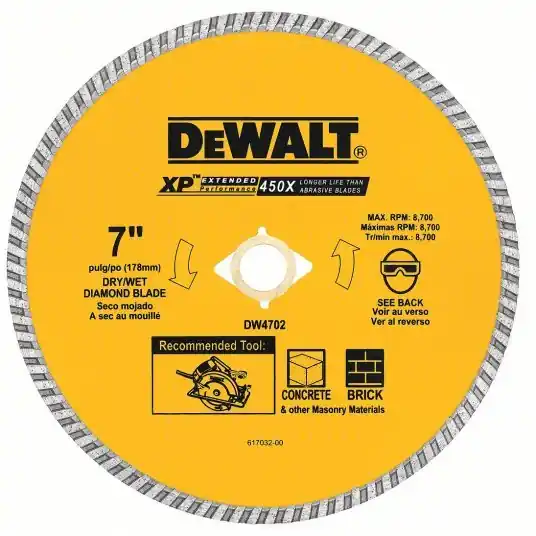 Dewalt DW4702 Diamond Saw Blade 7 in Blade Dia., 5/8 in Arbor Size, Wet/Dry, Better, Turbo