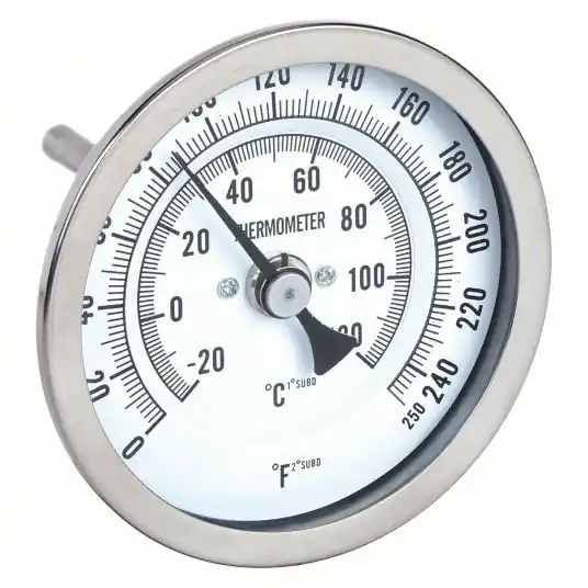 KVM Tools KV1NFY4 Dial Thermometer Back, 0° to 250°F/-20° to 120°C, 1/2 in NPT, 2.5 in Stem Lg, 3 in Dial Dia, 3 yr
