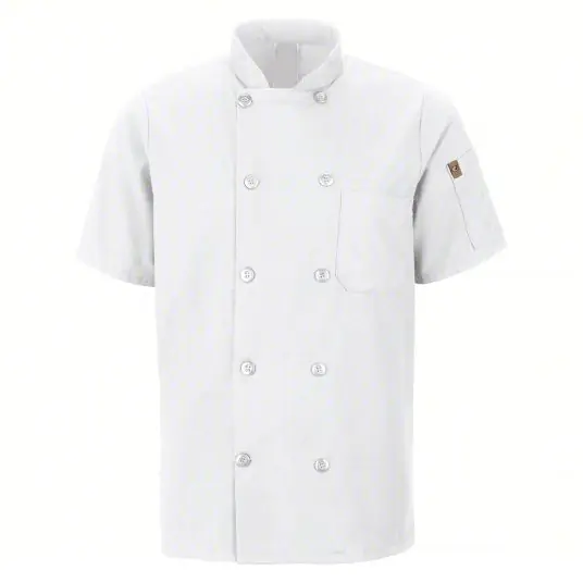 Red Kap 046XWH SS M Chef Coat Men‘s, M, Short Sleeve, White, 2 Pockets, Stand-Up Collar, Button