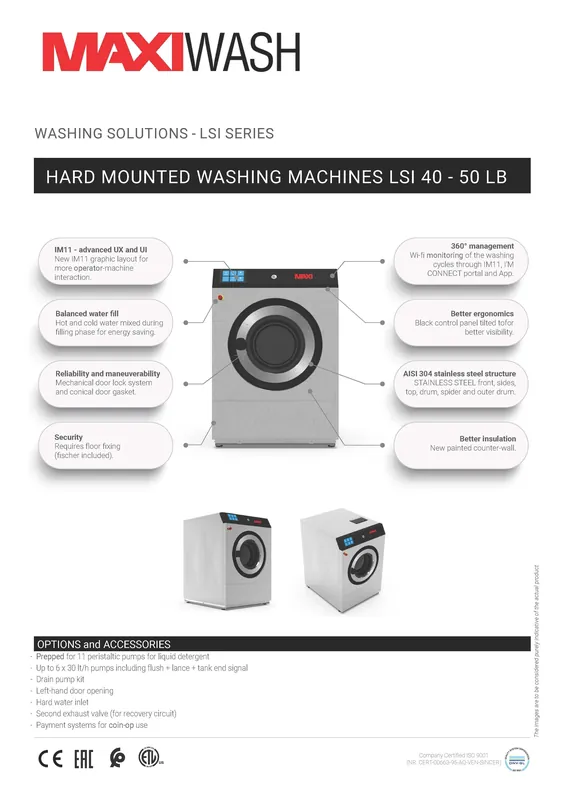 MaxiWash MWLSI-40-E Hard Mount Washer Extractor 40lb (18 kg) Capacity, G-Factor 126, Electric Heated