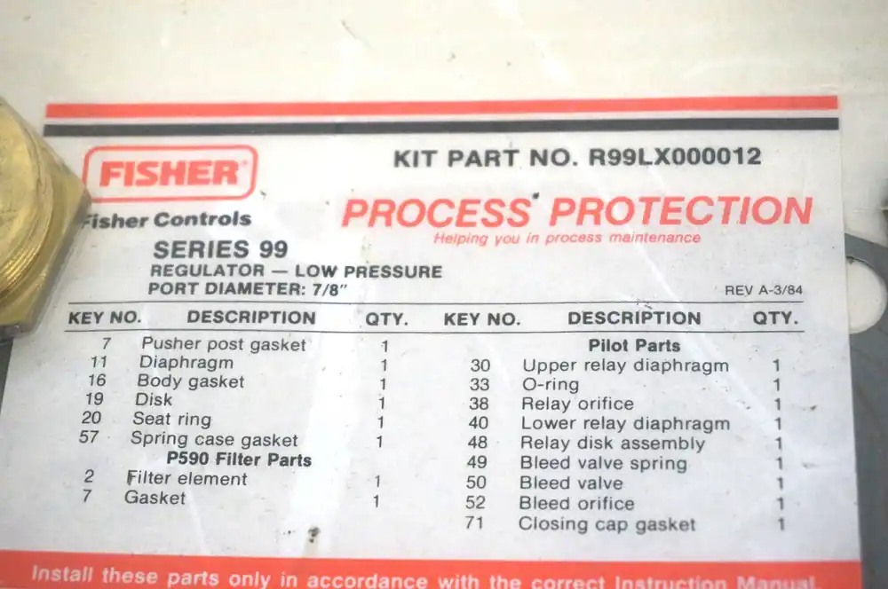 FISHER R99LX000012; Kit, Repair, 99L Comp Disc 7/8 Port