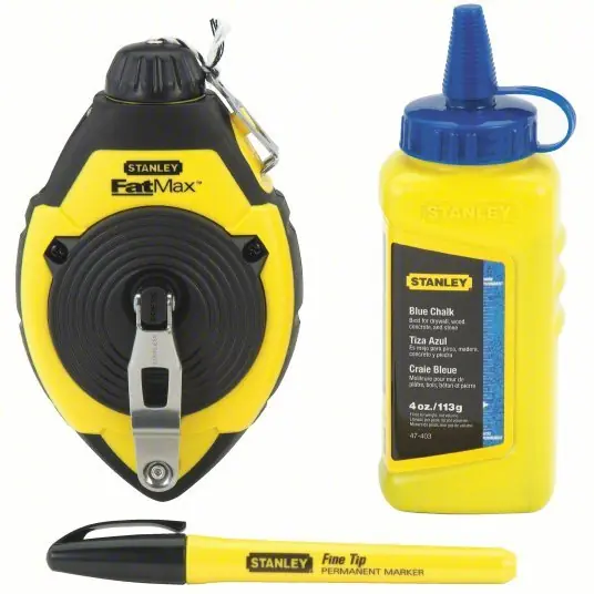 Stanley 47-681L Chalk Line Reel Kit 3 1, 100 ft Line Lg, Yellow/Black, 3 oz Fill Wt, Sliding Door, Blue