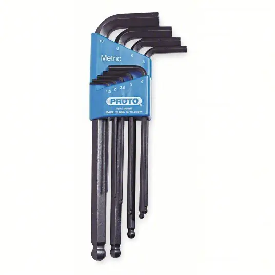 Proto J4996 Hex Key Set Metric, Long, 9 Pieces, Plastic Holder, Black Oxide, 2 Tips, 3 in to 7 3/4 in