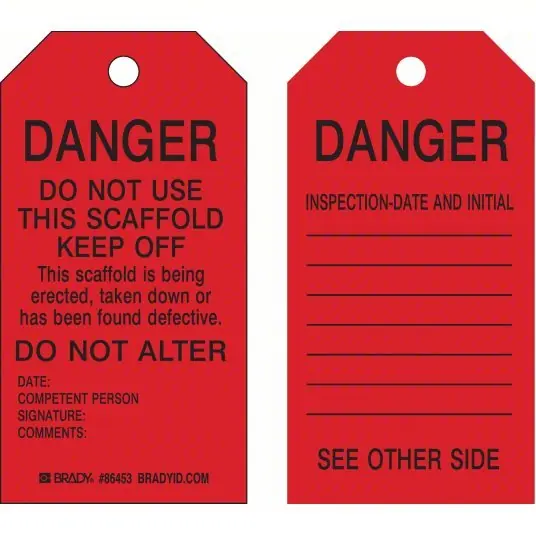 Brady 86453 Tag Inspection, 3 in Wd, 5 3/4 in Ht, Black on Red, Rectangle, Heavy Duty Polyester, English, 10 PK