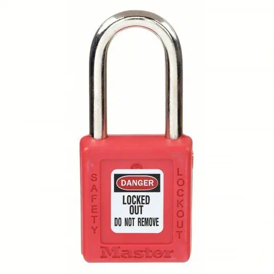 Master Lock 410RED Lockout Padlock Keyed Different, Thermoplastic, Std Body, Metal, Red