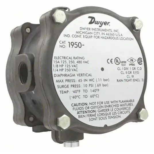 Dwyer 1950-00-2F Pressure Switch Adj, SPDT, 1/8 in Sample Line Connection Size, NPT, 1/8 in NPT