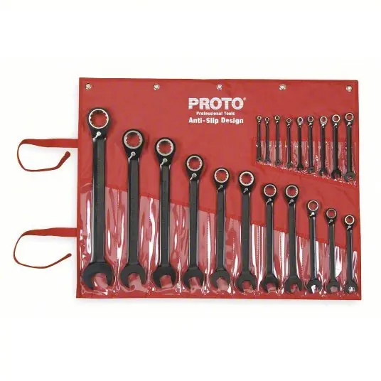 Proto JSCV-20S Combination Wrench Set Alloy Steel, Black Chrome, 20 Tools, Offset, Reversing, Tool Roll