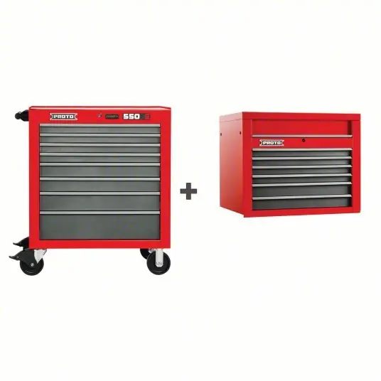 Proto J553441-8SG/J553427-6SG Rolling Cabinet Matte Red, 34 in W x 25 1/4 in D x 68 in H, Ball Bearing, Full Extension