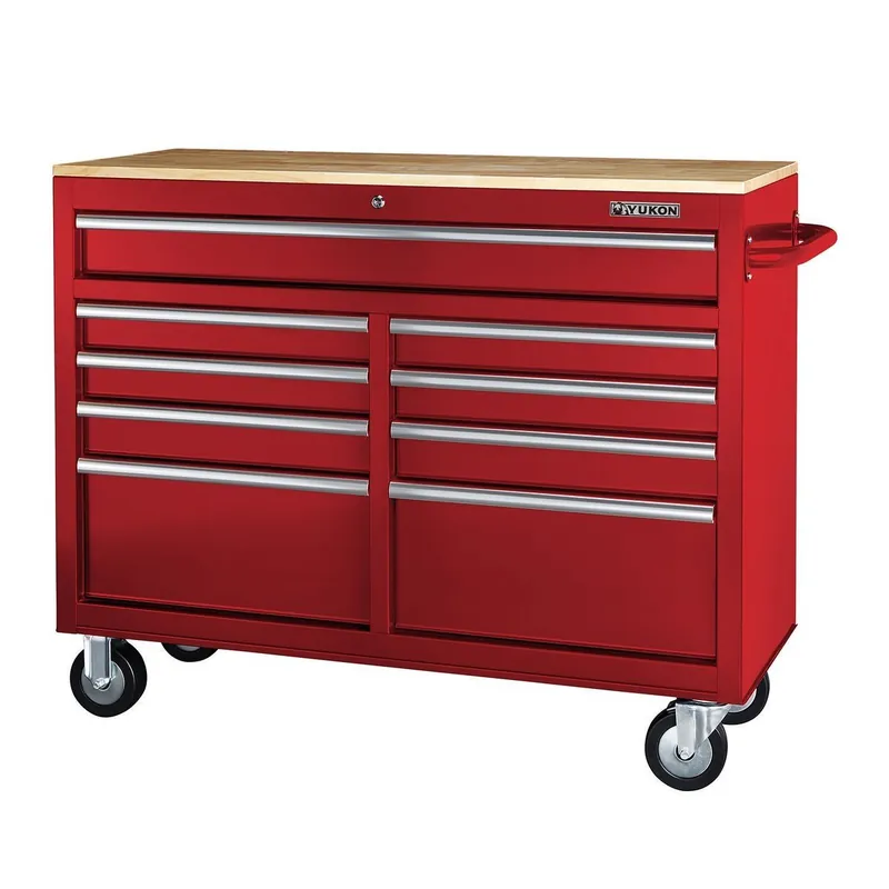 KVM Tools Yukon KV57805 46 in. 9 Drawer Mobile Storage Cabinet with Solid Wood Top, Red