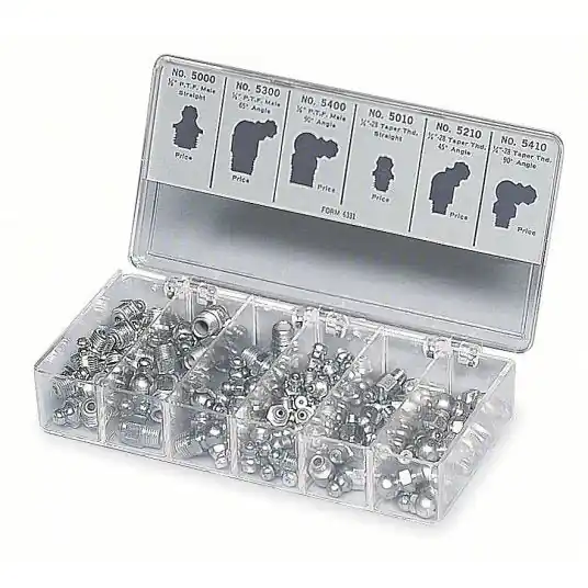 Lincoln 5469 Grease Fitting Kit Std Fitting, 1/4"-28/1/8"-27 Thread Size, NPT/PTF, 0°,45°,65°,90° Head Angle