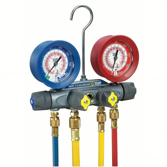 Yellow Jacket 46013 Mechanical Manifold Gauge Set, 4 Valves, 4 Hoses