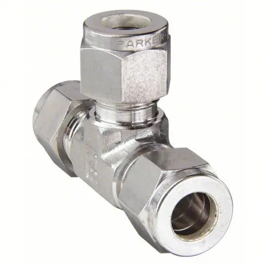 Parker 4ET4-316 Union Tee 316 Stainless Steel, Compression x Compression x Compression, 2 1/8 in Overall Lg