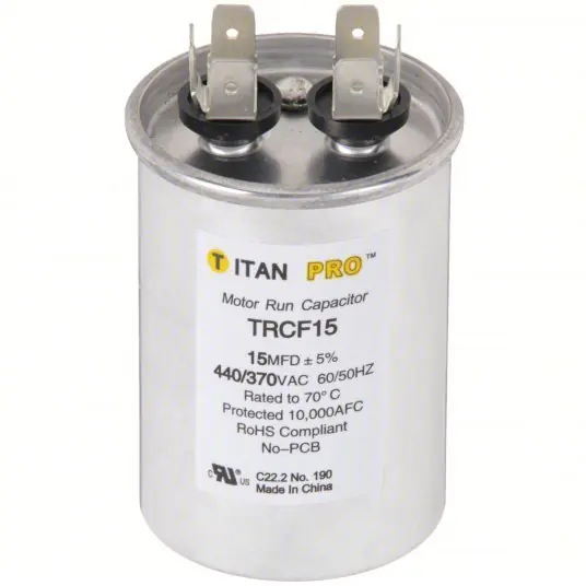 Titan Pro TRCF15 Motor Run Capacitor Round, 440/370V AC, 15 mfd, 3 in Overall Ht