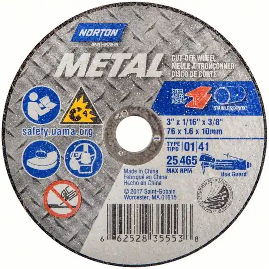Norton 66252835553 Abrasive Cut-Off Wheel Type 1, 3 in x 1/16 in x 3/8 in, Aluminum Oxide, 36 Grit, Metal
