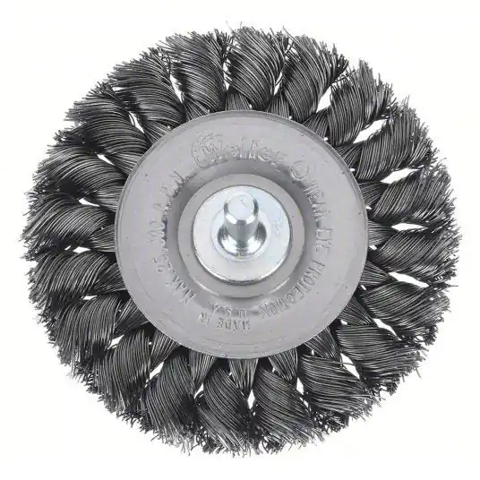 Weiler 94105 Wire Wheel Brush Twisted Steel, 3 1/4 in Dia x 3/8 in Wd, 1/4 in Shank, 0.014 in Fill