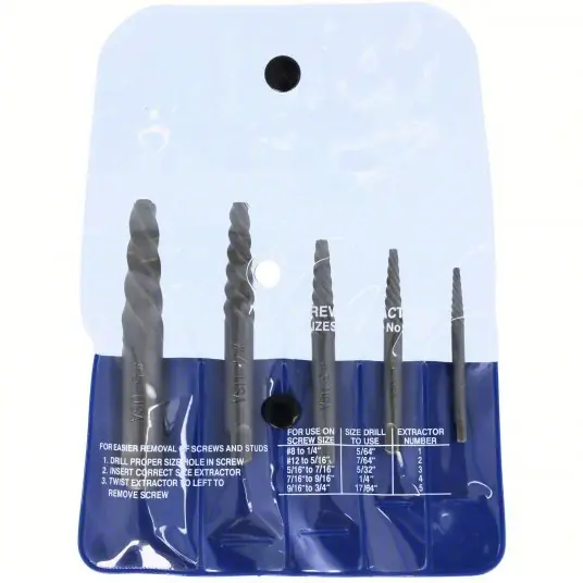Cleveland C00906 Screw Extractor Set 5 Pc, Spiral Flute, Size 1/ 2/ 3/ 4/ 5, 8 to 3/4 in Capacity