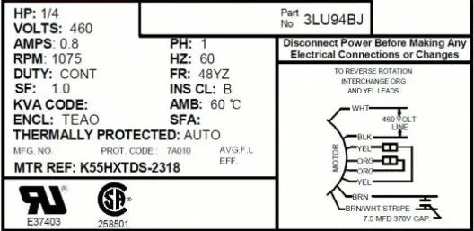 KVM Tools KV3LU94 Condenser Fan Motor Stud Mount, Totally Enclosed Air-Over, 1/4 HP, 1,075 Nameplate RPM, Auto
