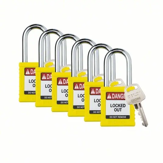 Brady SDPL-YLW-38ST-KD6 Padlock Keyed Different, Nylon, Std Body Body Size, Steel, Std, Yellow, 6 Pack Size