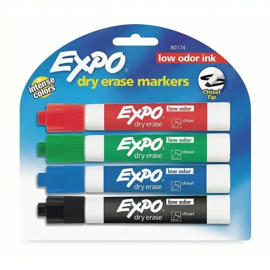 Expo 80174 Dry Erase Marker Set Chisel, Capped, Assorted, Original, Black/Blue/Green/Red, 4 PK